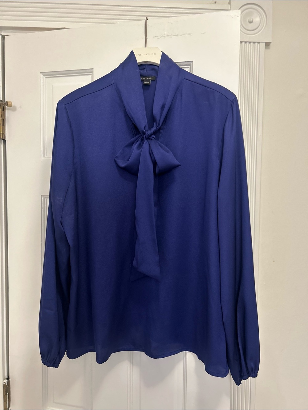 Ann Taylor Indigo Long-Sleeve Tie-Neck Blouse